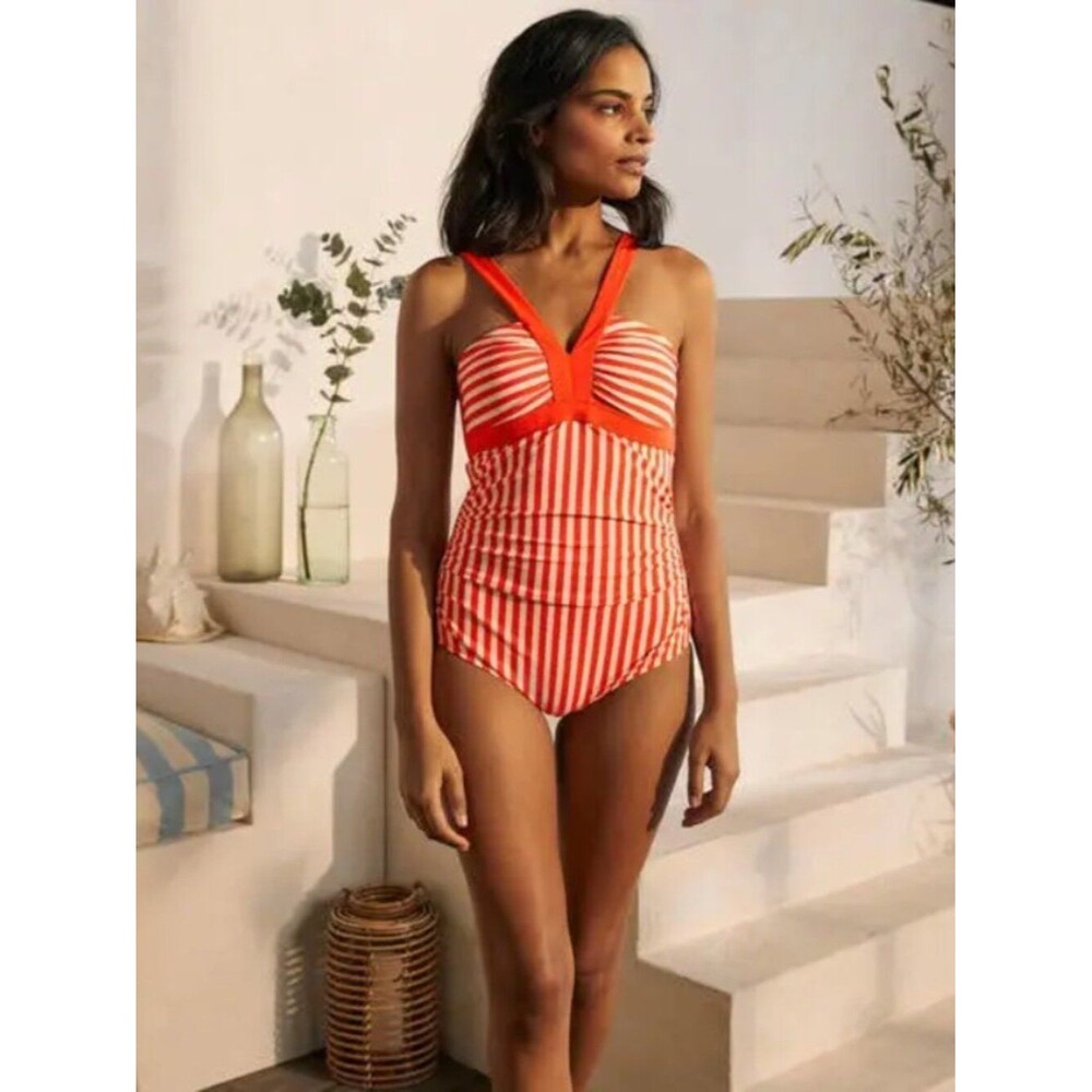 Boden Corsica Orange White Striped One Piece Swimsuit size 2